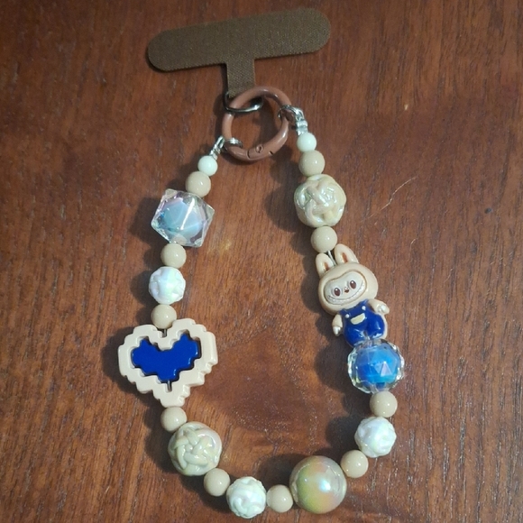 Labubu Beaded Phone Lanyard/ Bag Charm with Blue Heart Charm - Picture 1 of 6